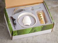 Набор посуды для маття #50, 600 мл., тяван, глазурь, часен, тясаку, подставка для часена, полотенце, ситечко, подставка для тясаку.